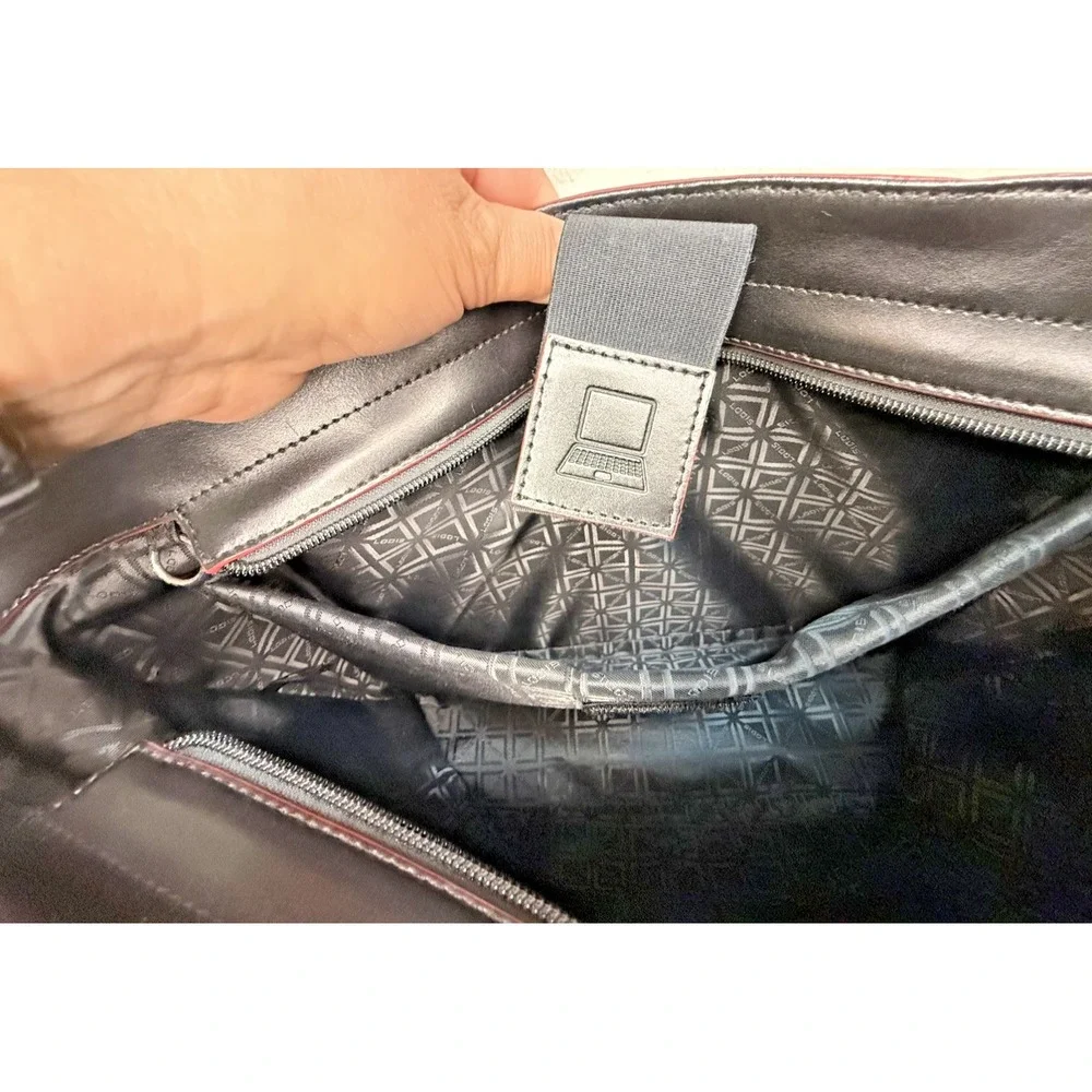 Lodis Black Red Edging Genuine Leather Large Tablet Tote Bag RFID & Cosmetic Bag